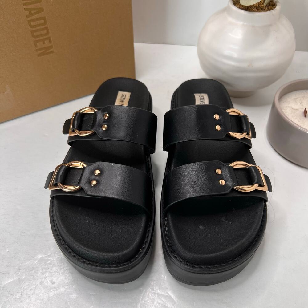 Steve Madden Brooklin Double Strap Sandal Black Gold Tone Buckles Women 9.5M - Picture 4 of 11